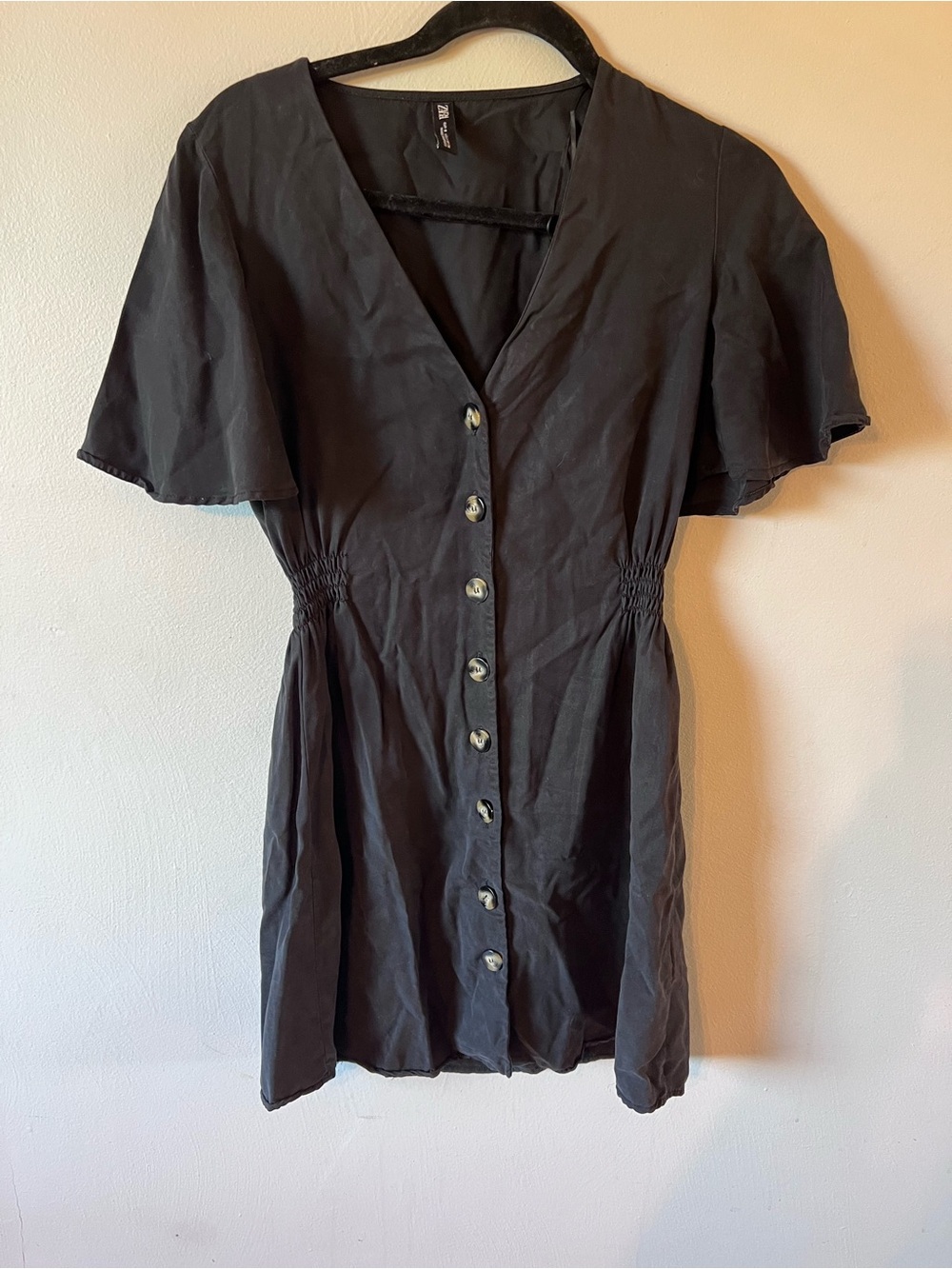 Zara Black V-Neck Button-Front Mini Dress